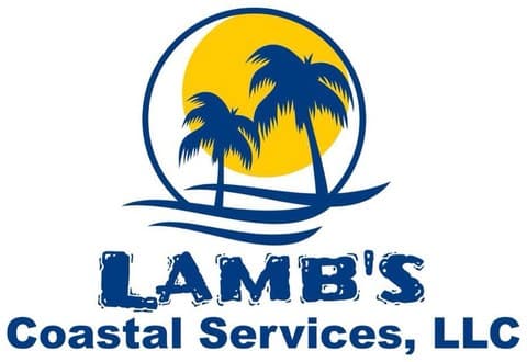 Lamb's Coastal Services, LLC logo: palm trees and waves over a yellow sun